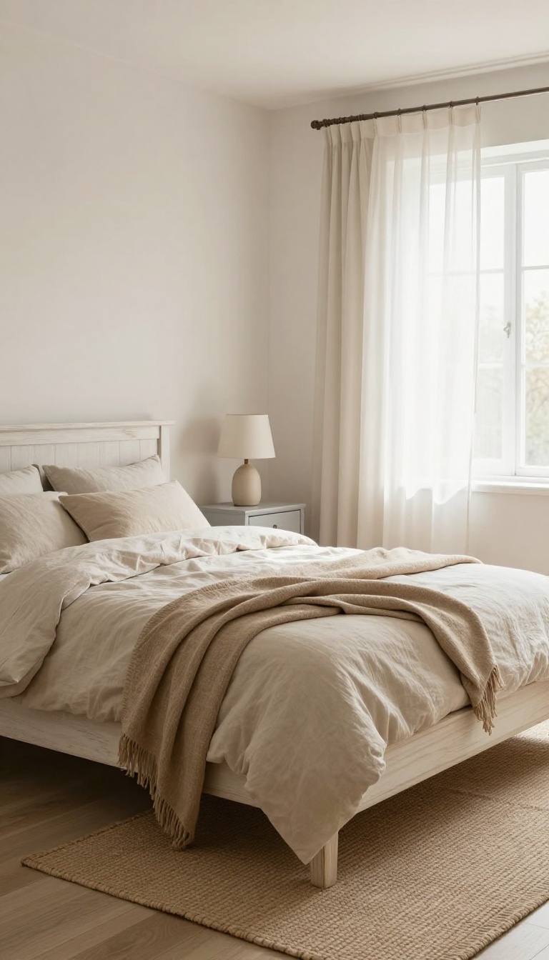 Neutral bedroom with warm white walls, beige linen bedding, and natural oak bed frame in soft daylight