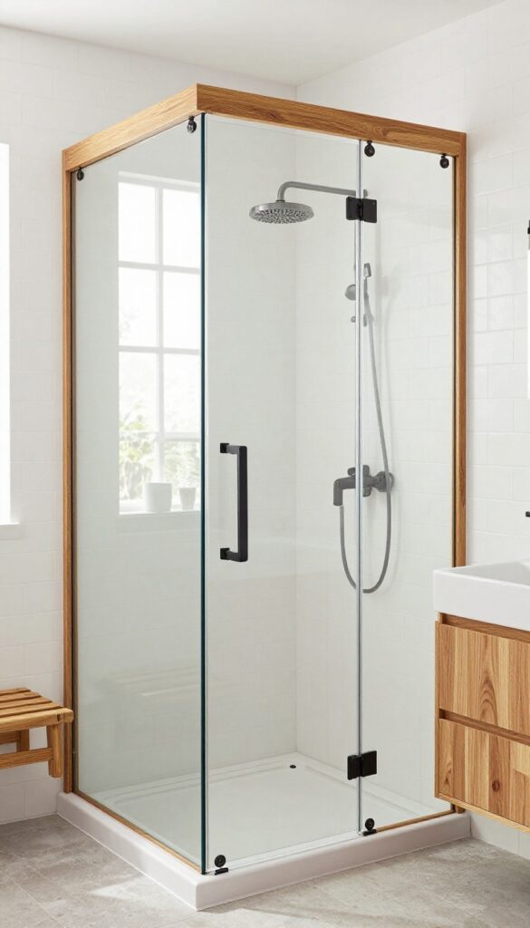 Modern bathroom with glass shower screen featuring wood-look laminate accent frame in warm oak finish, white tiles, and natural light.