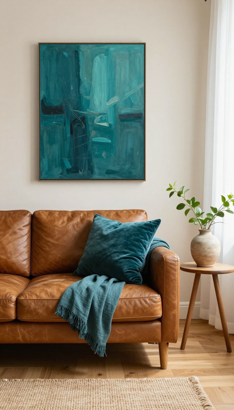 Caramel brown leather sofa with teal velvet pillows and teal artwork in a bright natural-light living room