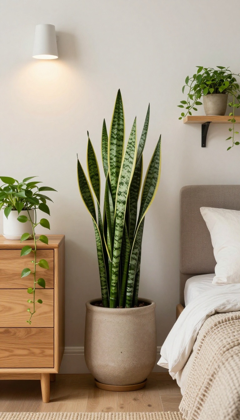 Cozy windowless basement bedroom corner with low-light houseplants like a snake plant, pothos, and ZZ plant styled near a dresser and nightstand under warm overhead lighting