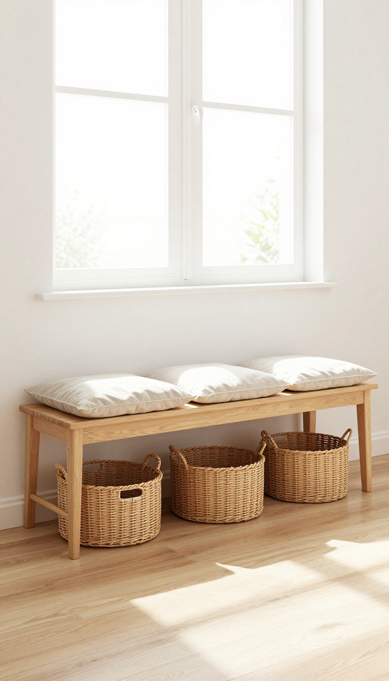 Slim wooden bench with woven baskets stored underneath in a bright small living room