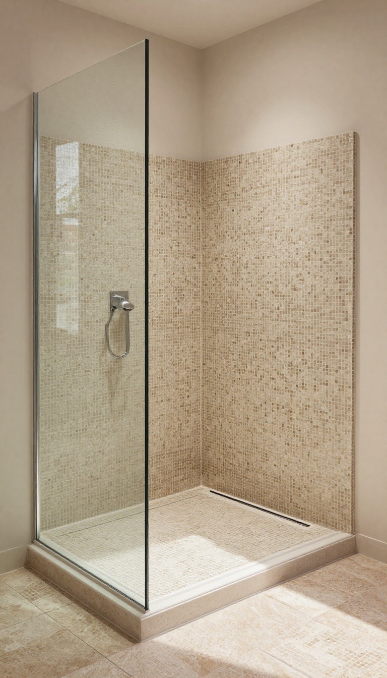 Close-up of a textured mosaic tile shower floor sloping toward a linear drain in a bright modern bathroom