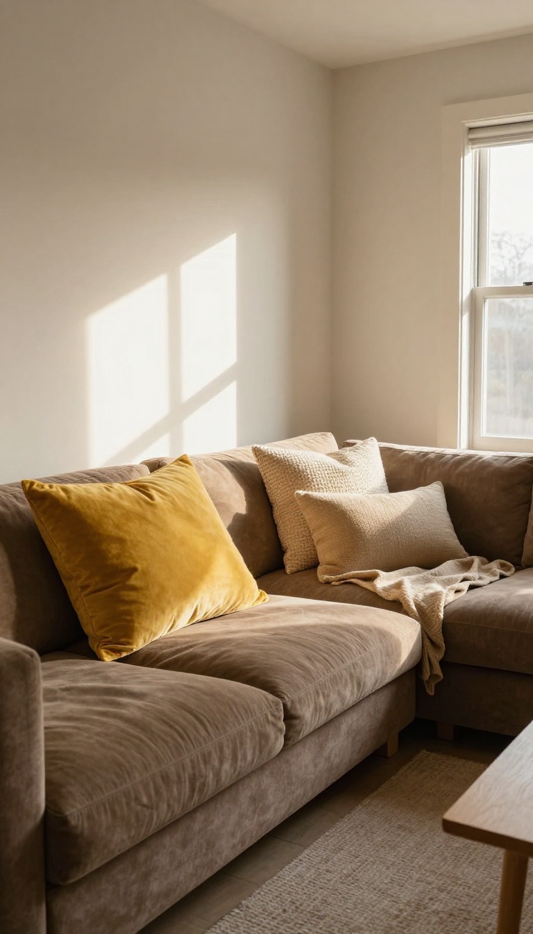 Brown sectional sofa styled with textured butterscotch yellow throw pillows in a bright living room