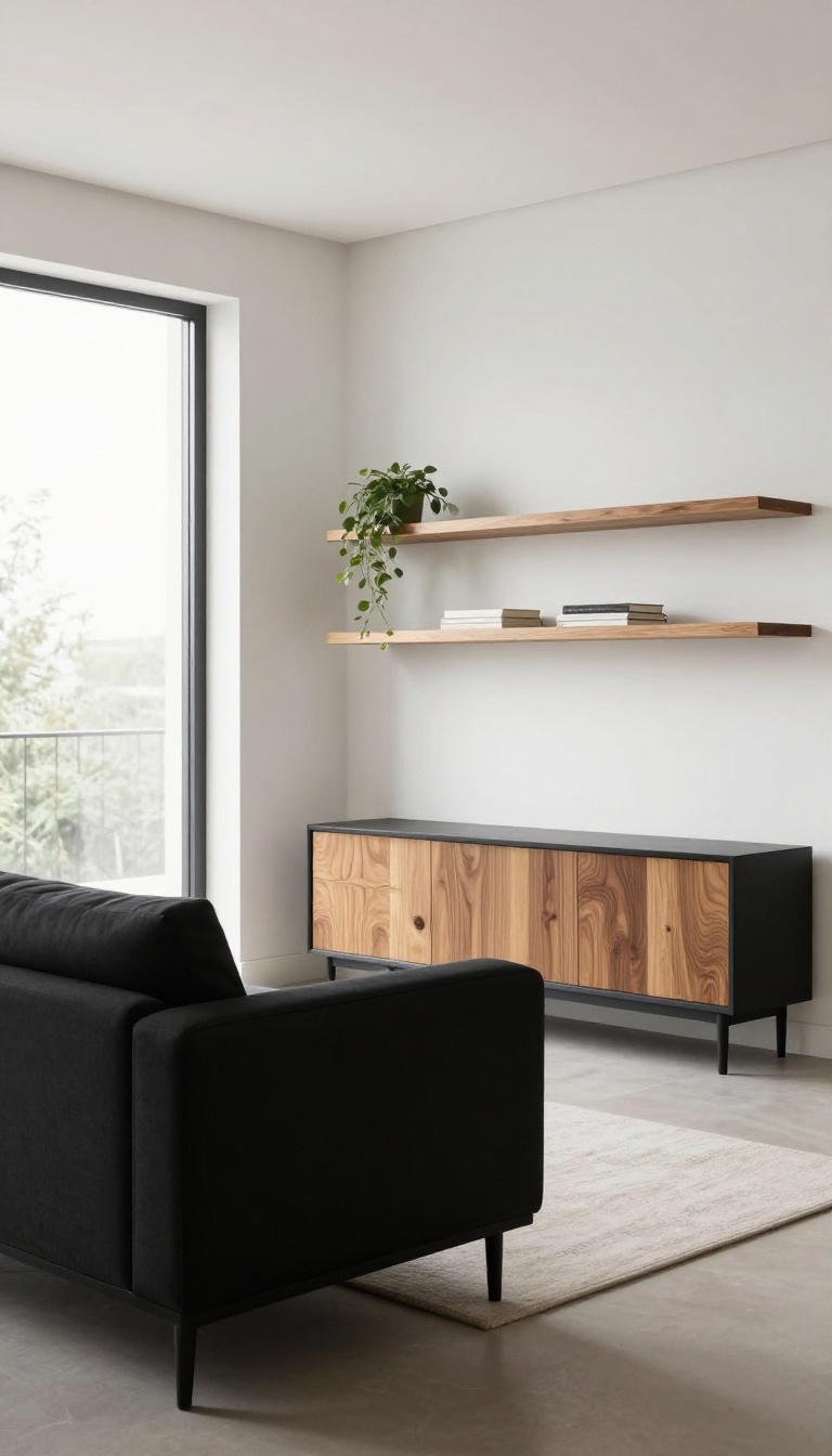 Bright modern living room with a black sofa, walnut side table, floating oak shelves, and a wood media console with black hardware, showing black and white decor warmed by natural wood