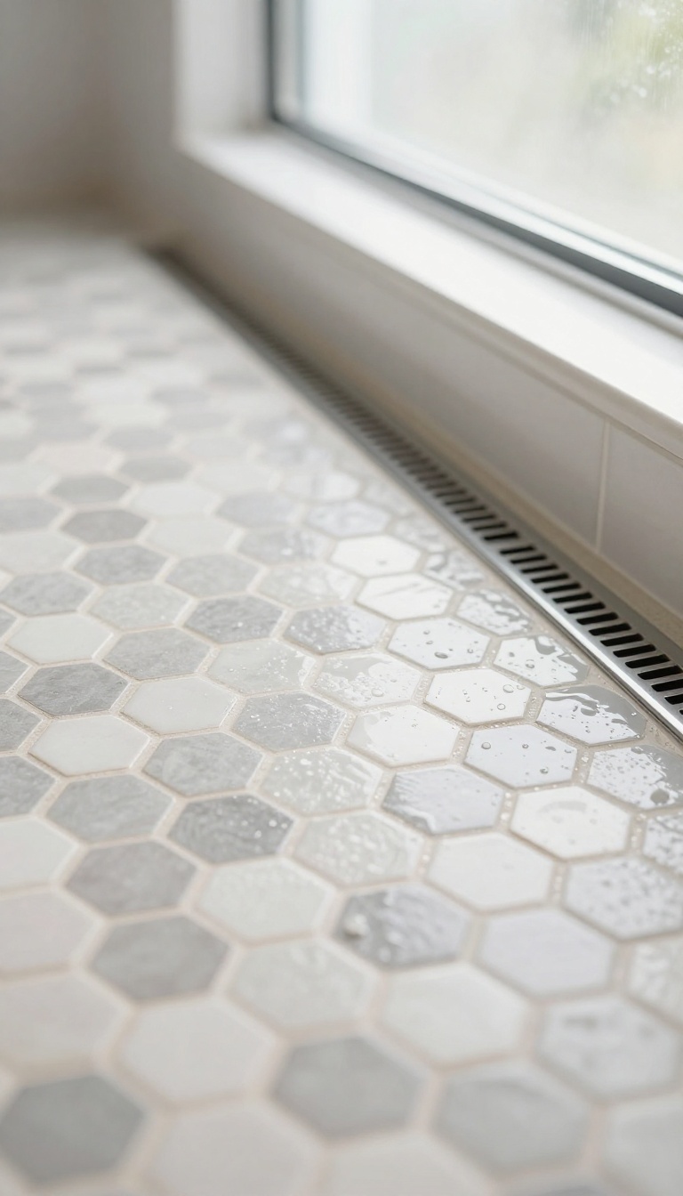 Close-up of a shower floor with small hexagonal mosaic tiles and a linear drain, lit by bright natural light