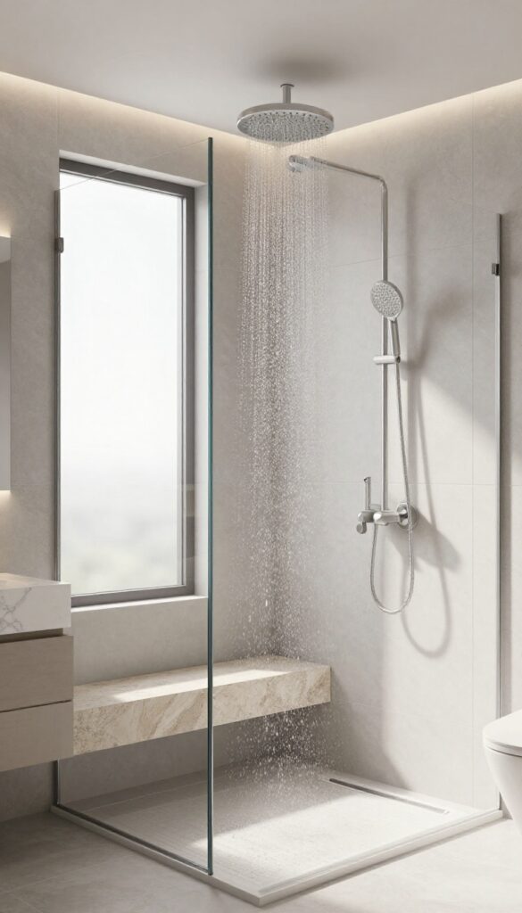 Modern bathroom shower with rainfall head and handheld sprayer in use