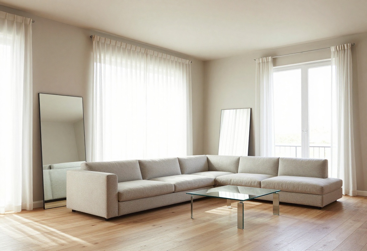 Bright living room with low ceiling and light walls, tall curtains, and a large mirror creating an illusion of height.
