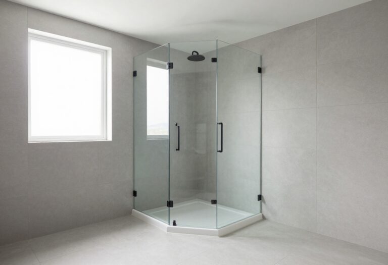Modern corner glass shower with frameless panels and matte black hardware in a bright bathroom