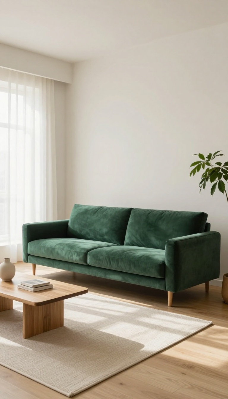 Bright living room with a green velvet couch on light oak floors, white walls, and a pale ivory rug for an airy, modern look