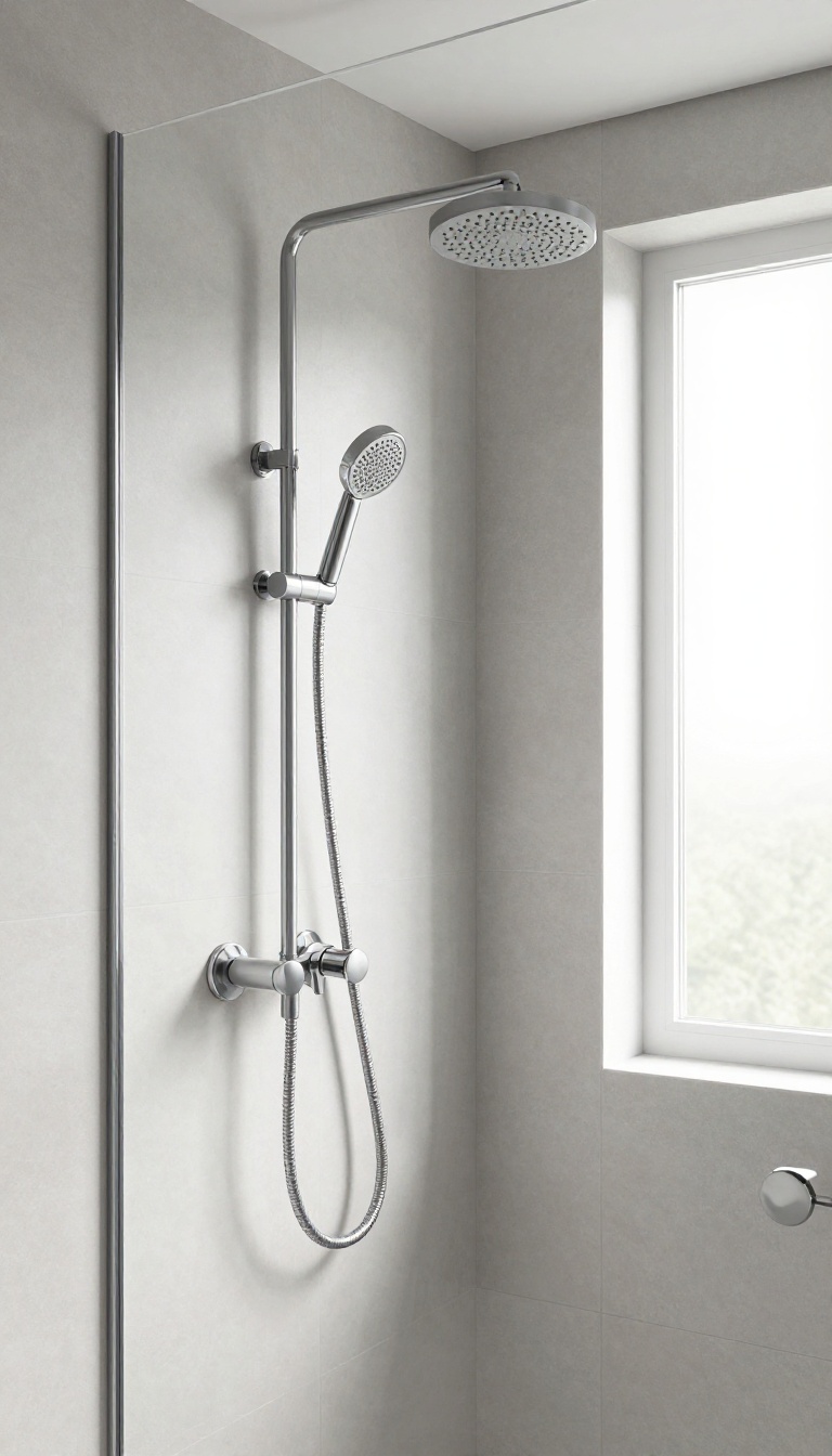 Modern walk-in shower with a handheld shower wand on a slide bar