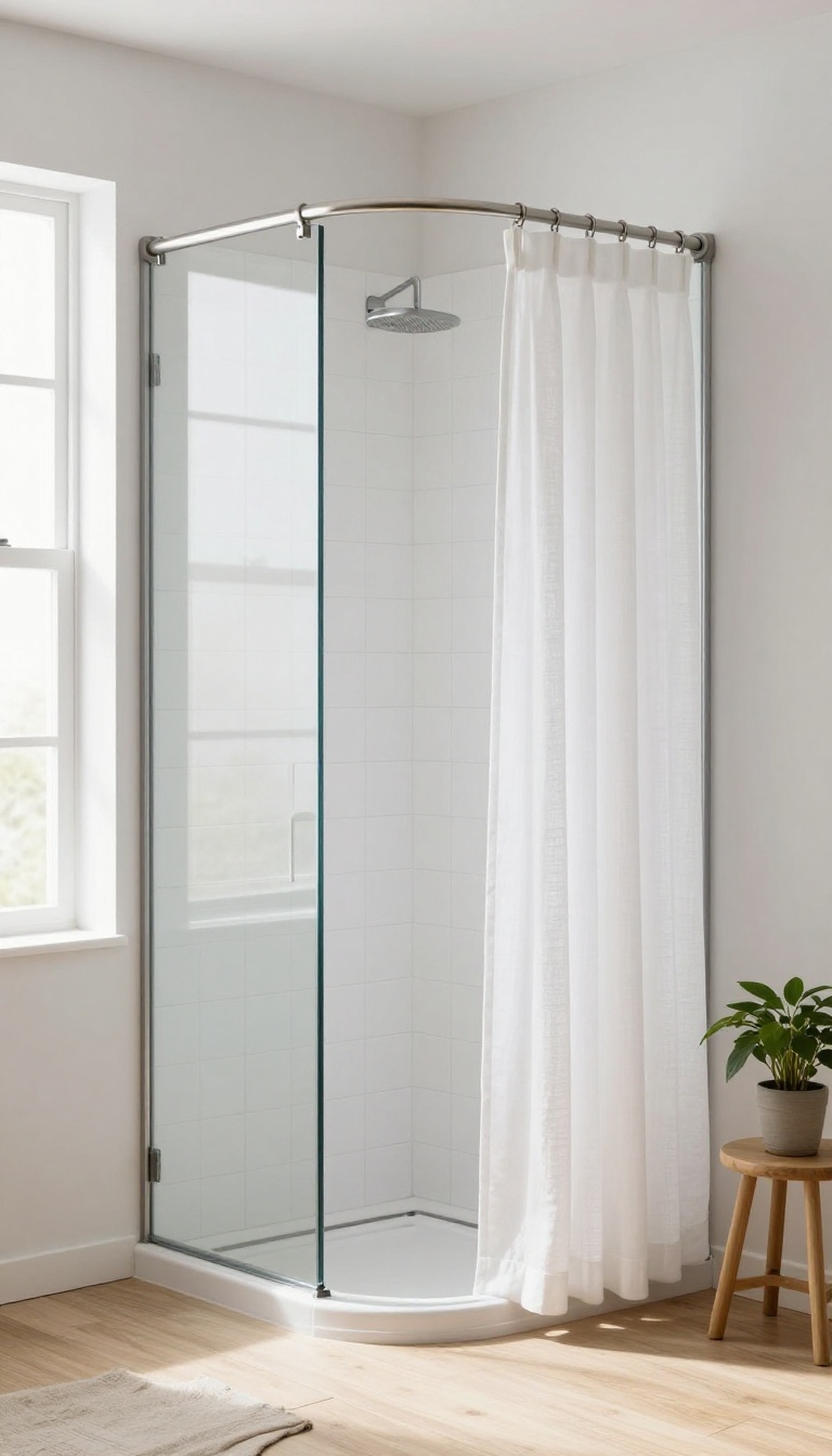 Walk-in shower with curved rod and white curtain, bright natural light, modern bathroom design