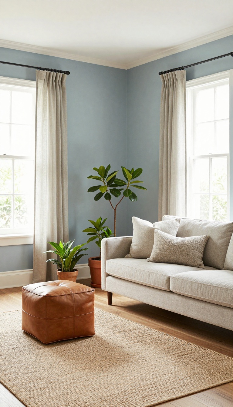 Living room with soft sky blue walls, warm white trim, natural wood floors, and cozy layered textures in bright natural light