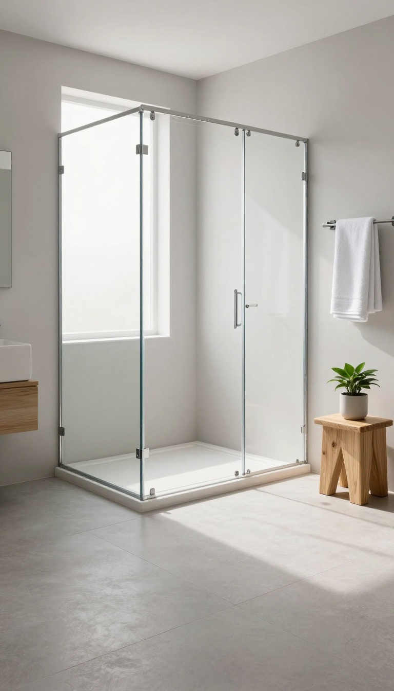 Modern bathroom with a quadrant corner shower enclosure and a low-profile shower tray flush with grey tile flooring