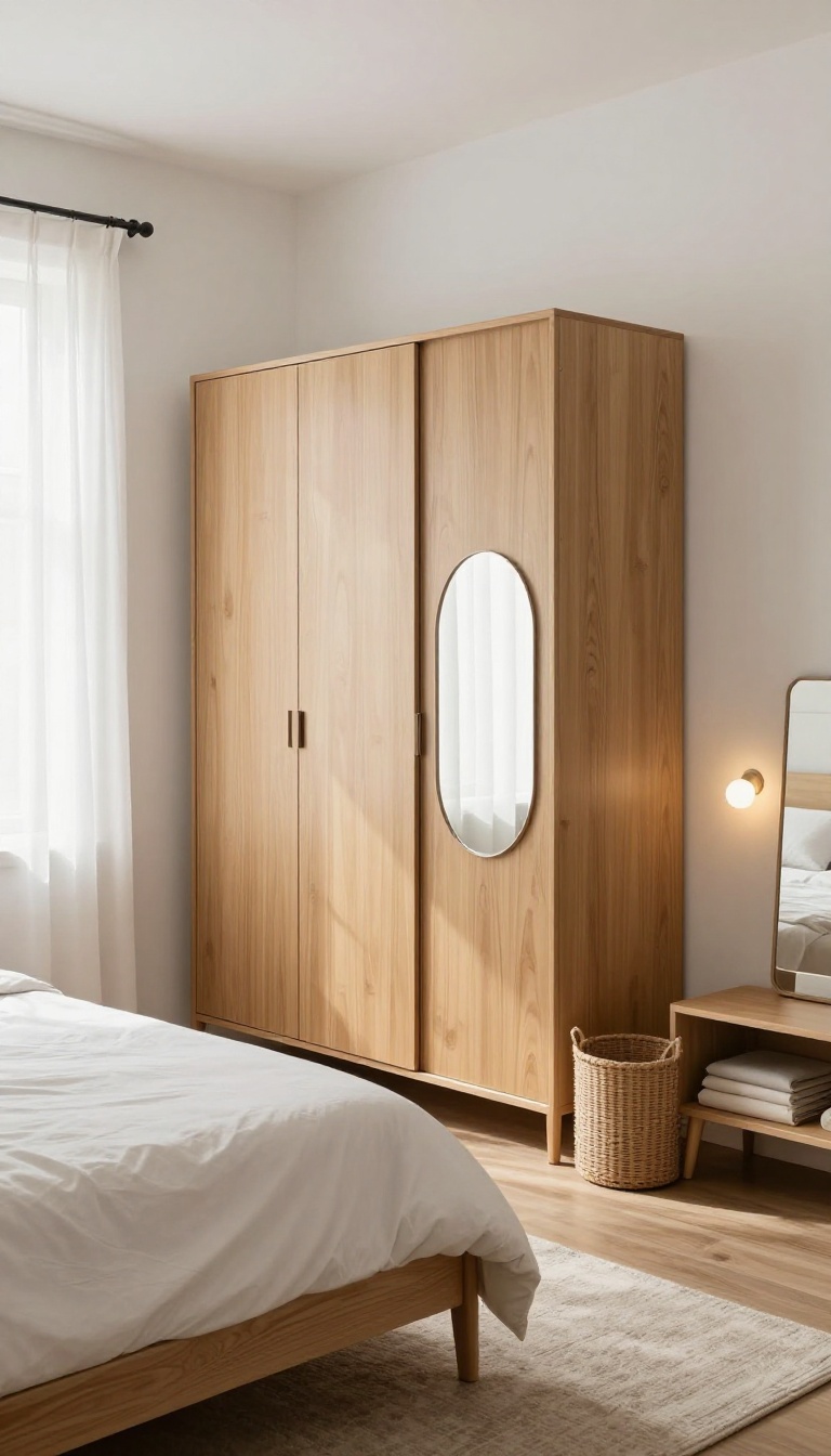 Freestanding double-sided wardrobe used as a room divider in a bright studio apartment, separating a sleeping area from a dressing area