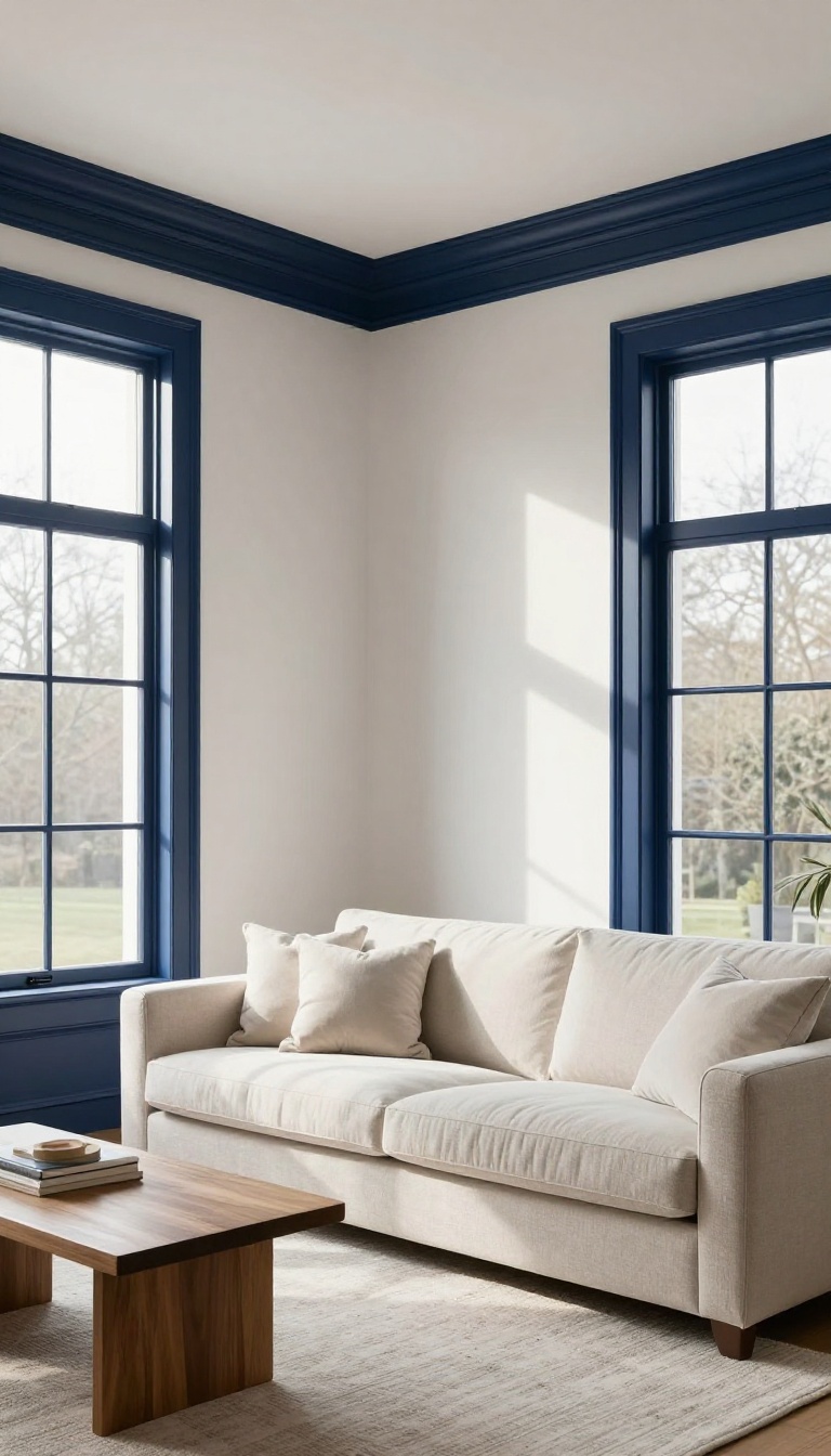 Living room with navy blue two-tone crown molding contrasting against white walls, bright natural light highlighting the trim's depth and drama.