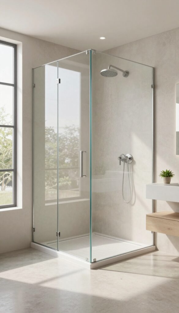 Double shower with frameless glass panels in a bright, modern bathroom, showcasing open space and elegant tile work.