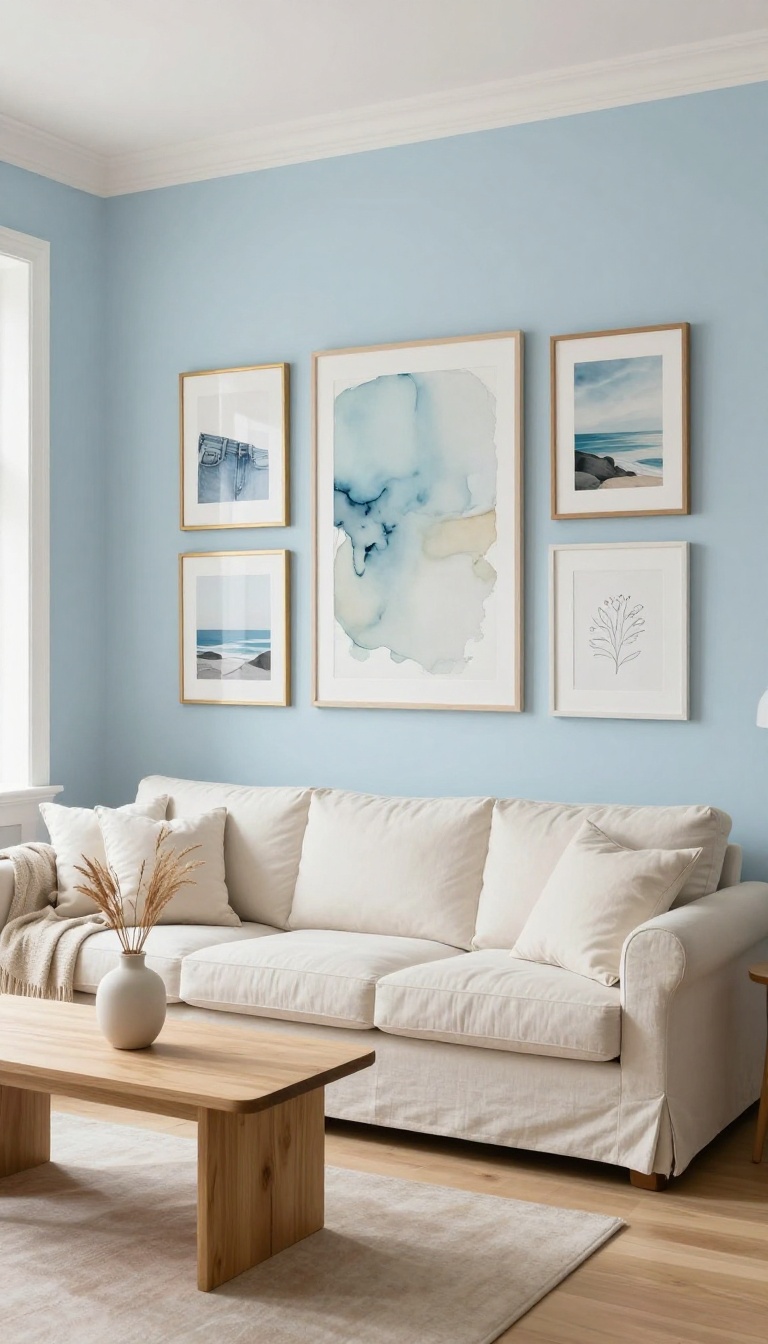Light blue gallery wall with mixed frames and abstract art above a cream sofa in a bright calm living room