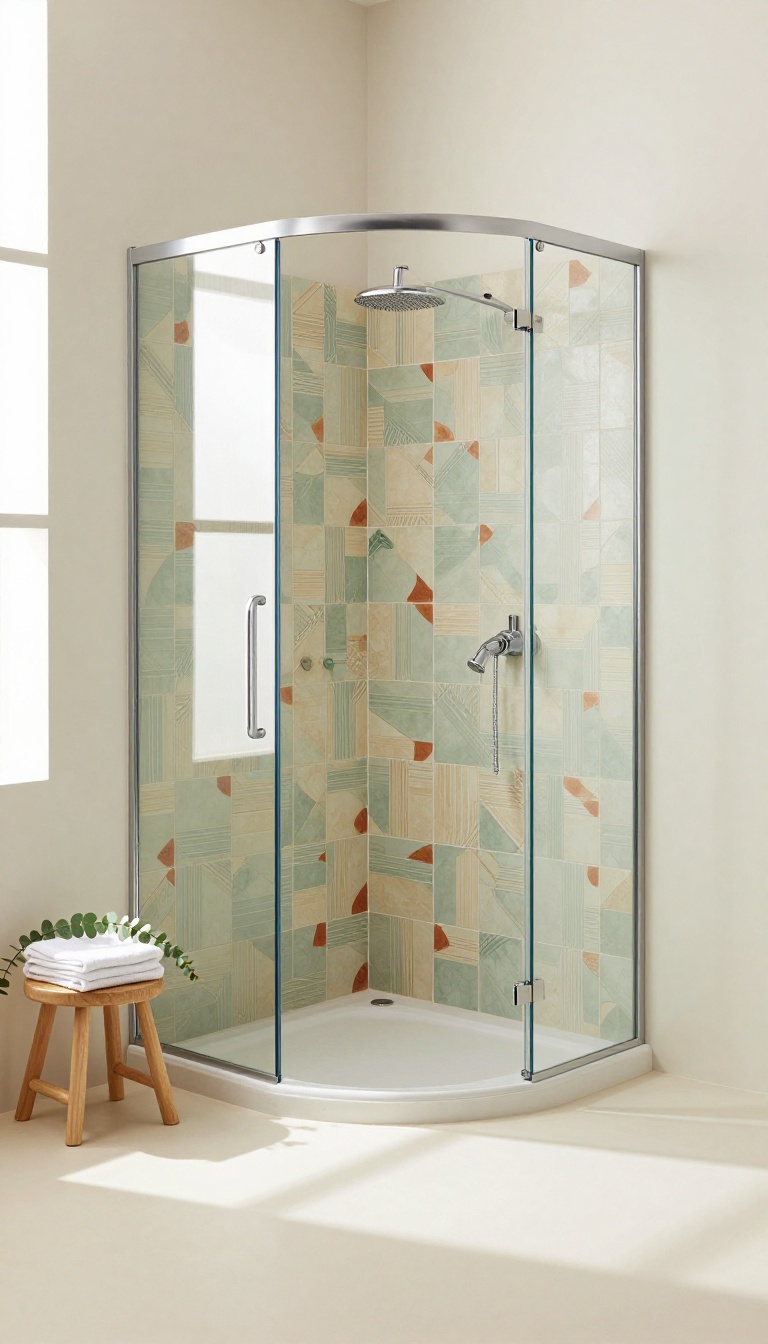 Small quadrant shower room with a patterned sage green and terracotta accent tile wall inside the curved glass enclosure, surrounded by plain off-white walls and bright natural light