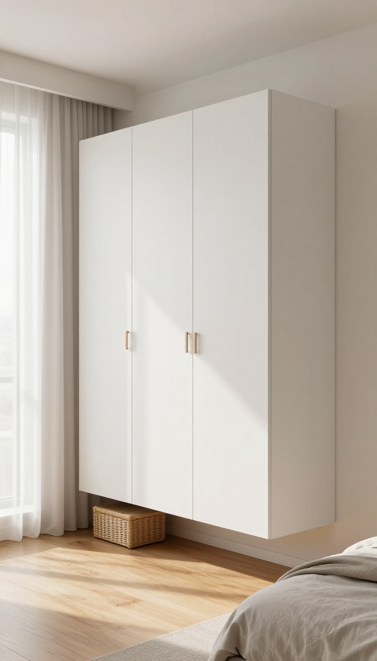 Floating wall-mounted wardrobe in a bright minimalist bedroom with open floor space underneath