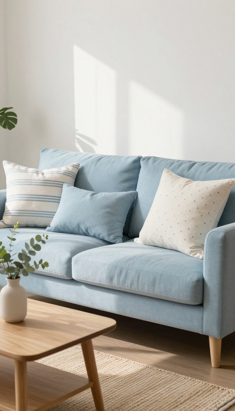 Light blue couch styled with subtle striped and dotted throw pillows in a bright serene living room