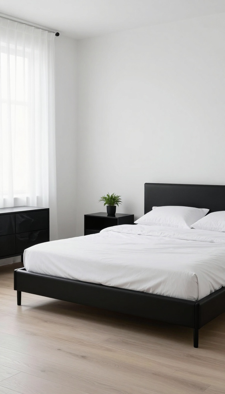 Modern black and white bedroom with a matte black platform bed frame and black furniture anchoring bright white walls