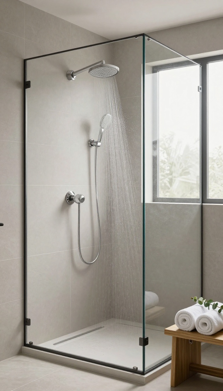Modern master bathroom shower with wall-mounted body spray jets spraying water sideways against light gray tile