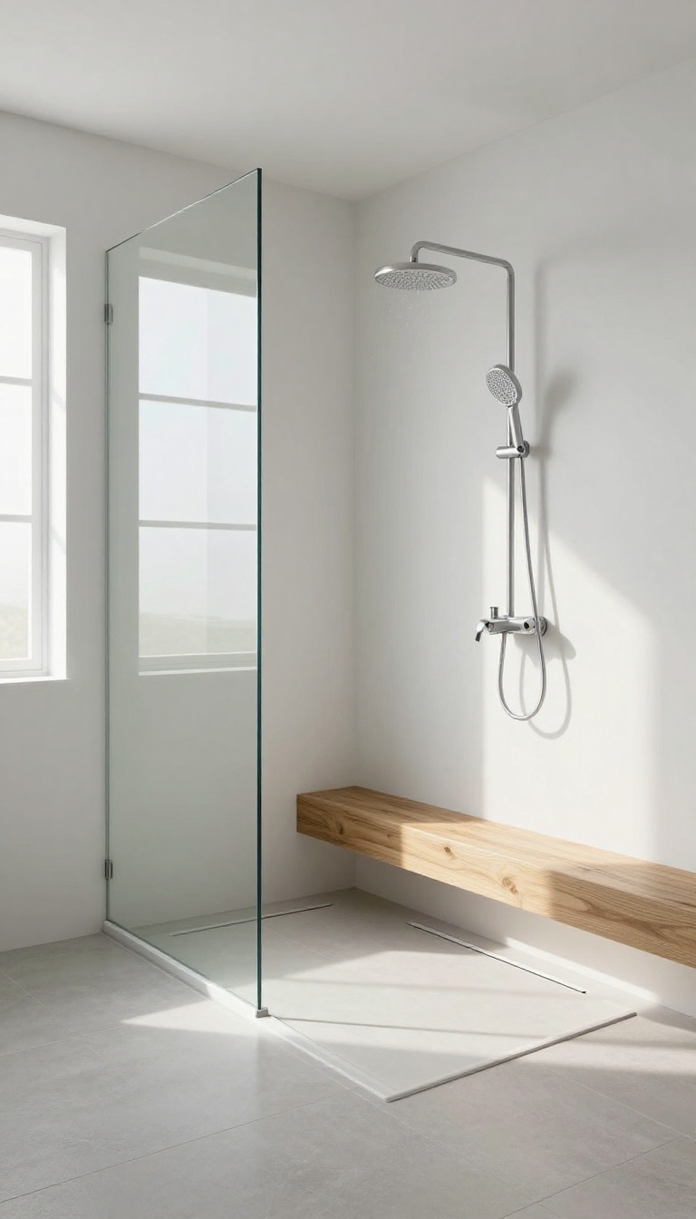 Curbless shower with seamless floor transition in a small modern bathroom