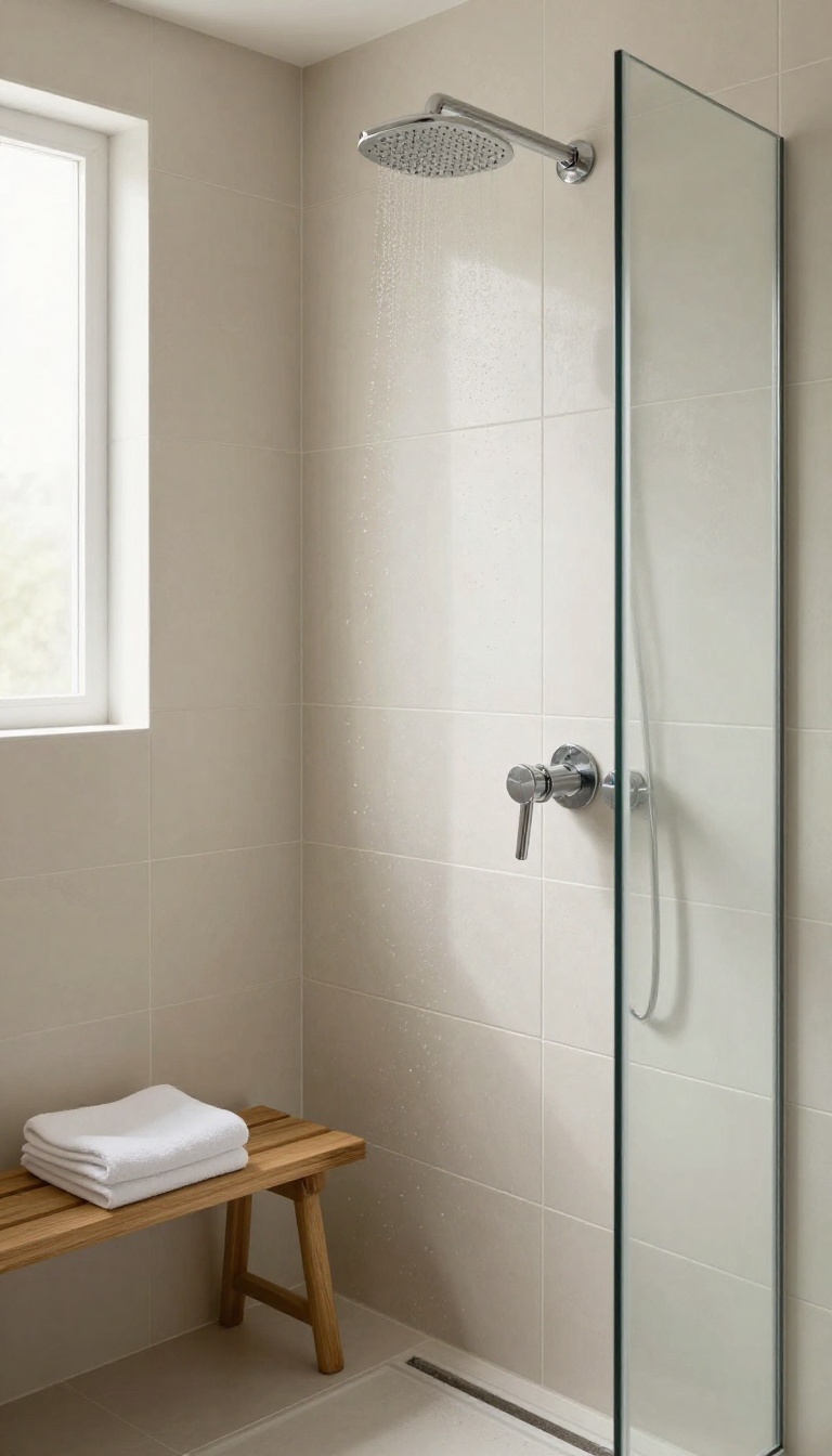 Modern shower stall with large-format off-white tiles and minimal grout lines in bright natural light