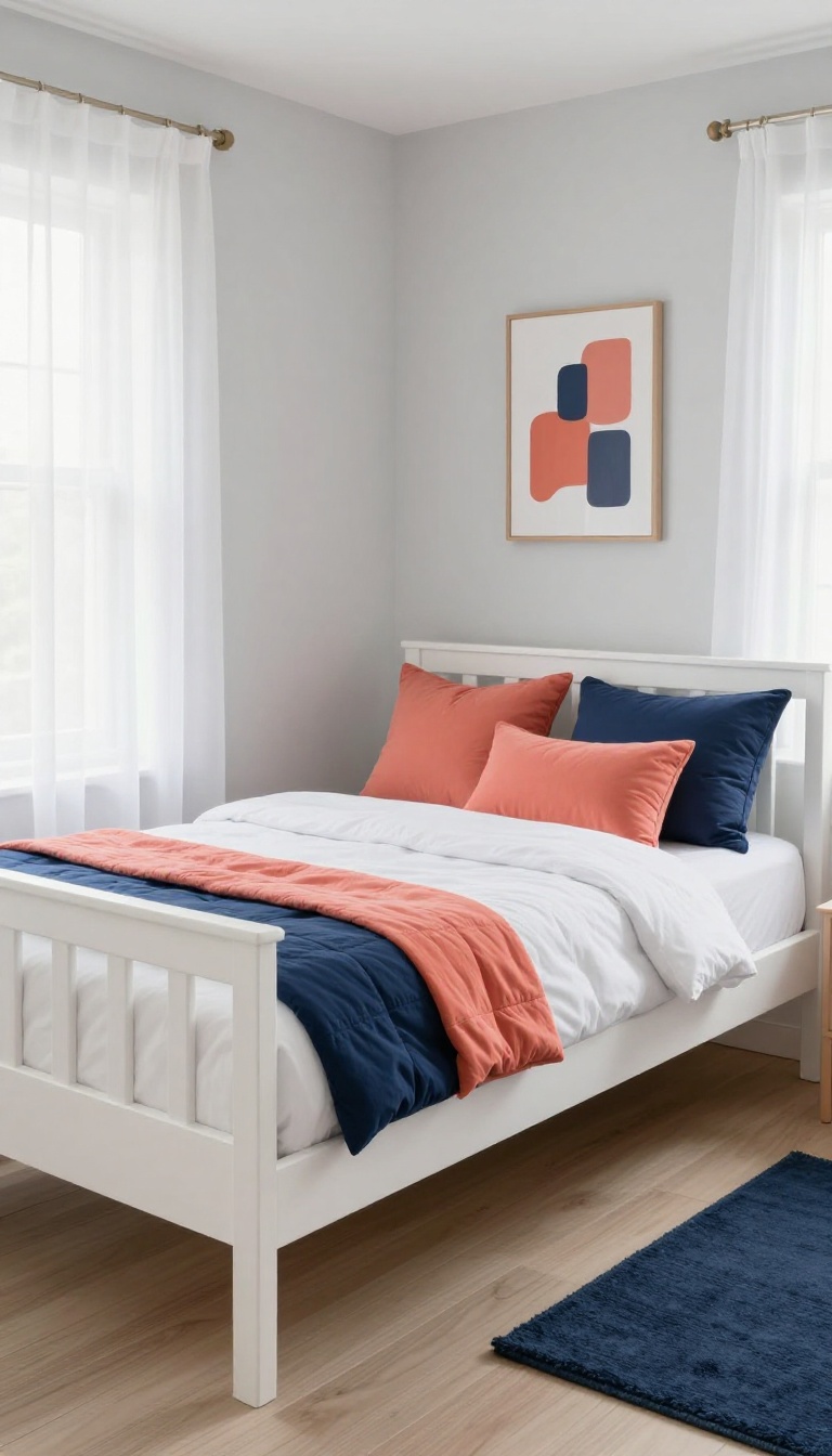 Bright shared girls' bedroom with a white bunkbed, neutral walls, and navy and coral accent bedding and decor