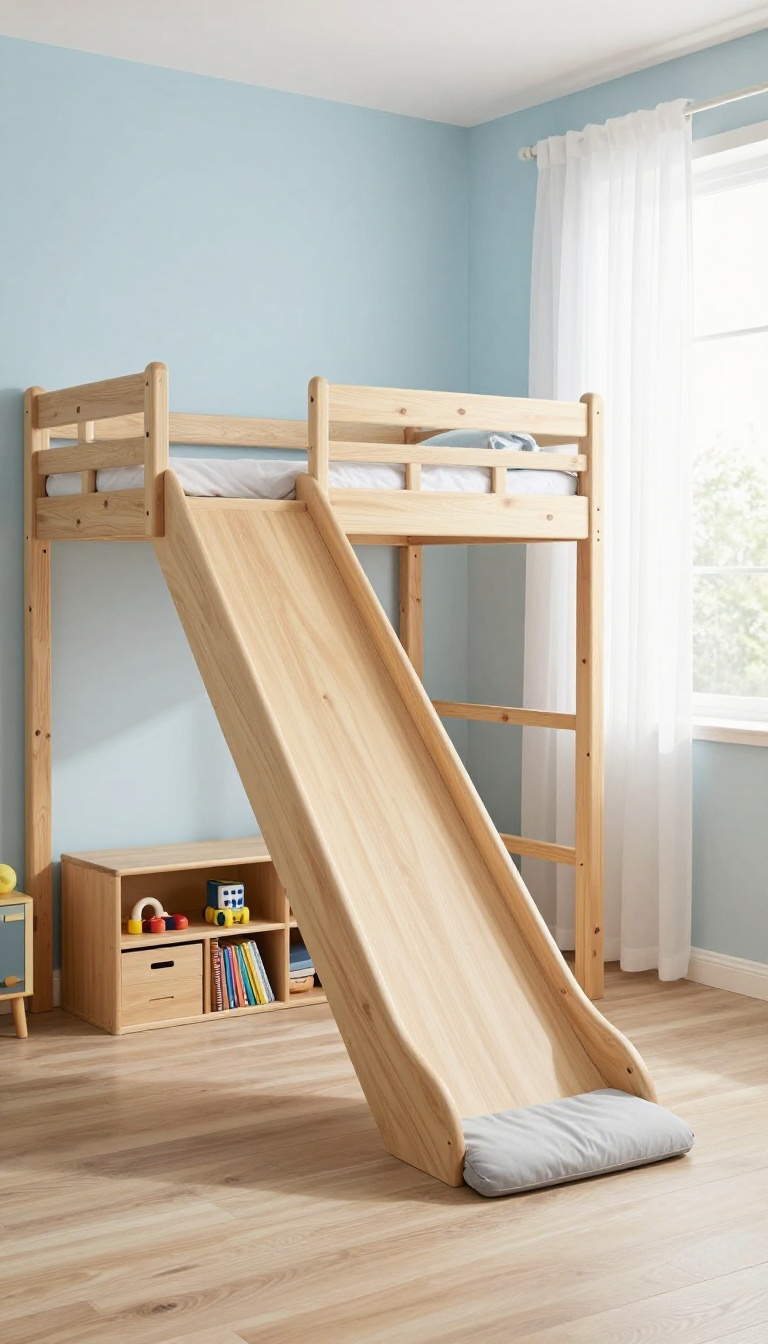 Boys loft bed with a slide and soft landing mat in a bright space-saving bedroom