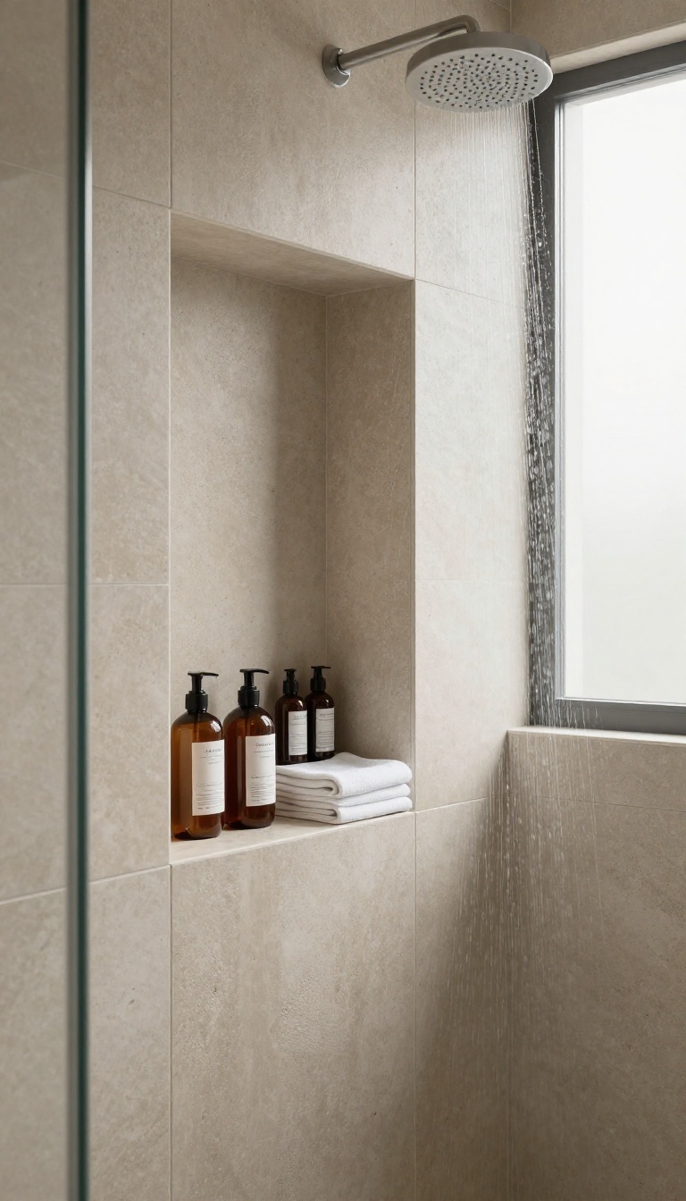 A modern wet room shower with a recessed wall niche holding toiletries, demonstrating clutter-free storage.