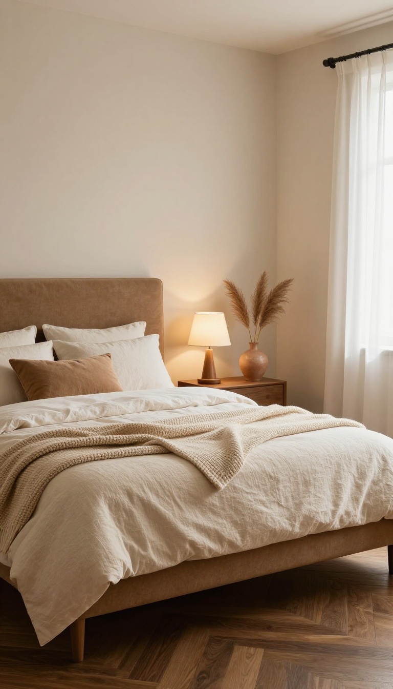 Cozy bedroom with dark wood floors and a bed featuring a soft upholstered linen headboard in warm neutral tones