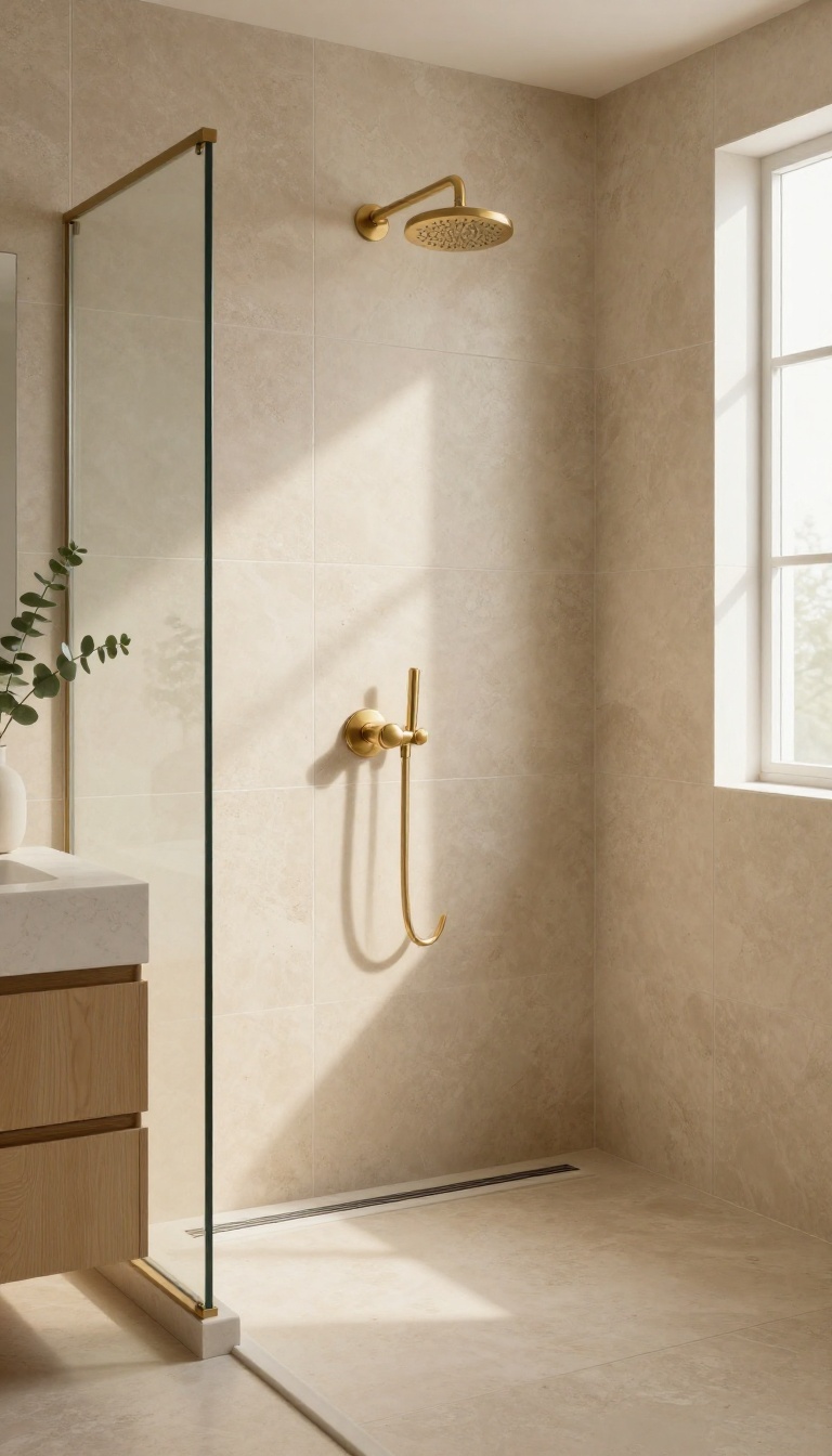 Warm beige travertine-look tile shower with brass fixtures and natural light in a calm bathroom
