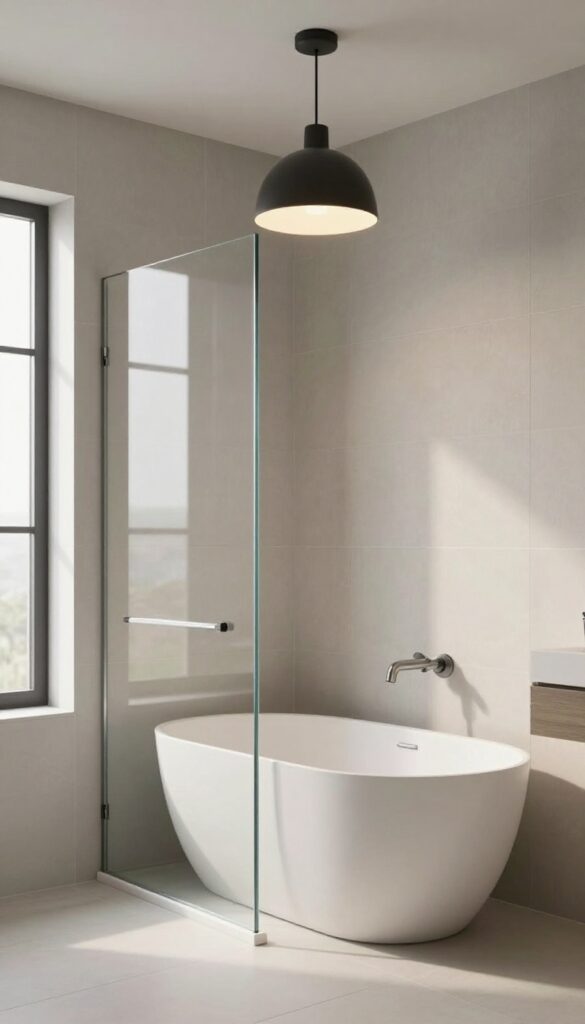 Modern minimalist bathroom with a matte black pendant light hanging over a shower area, casting a warm glow.
