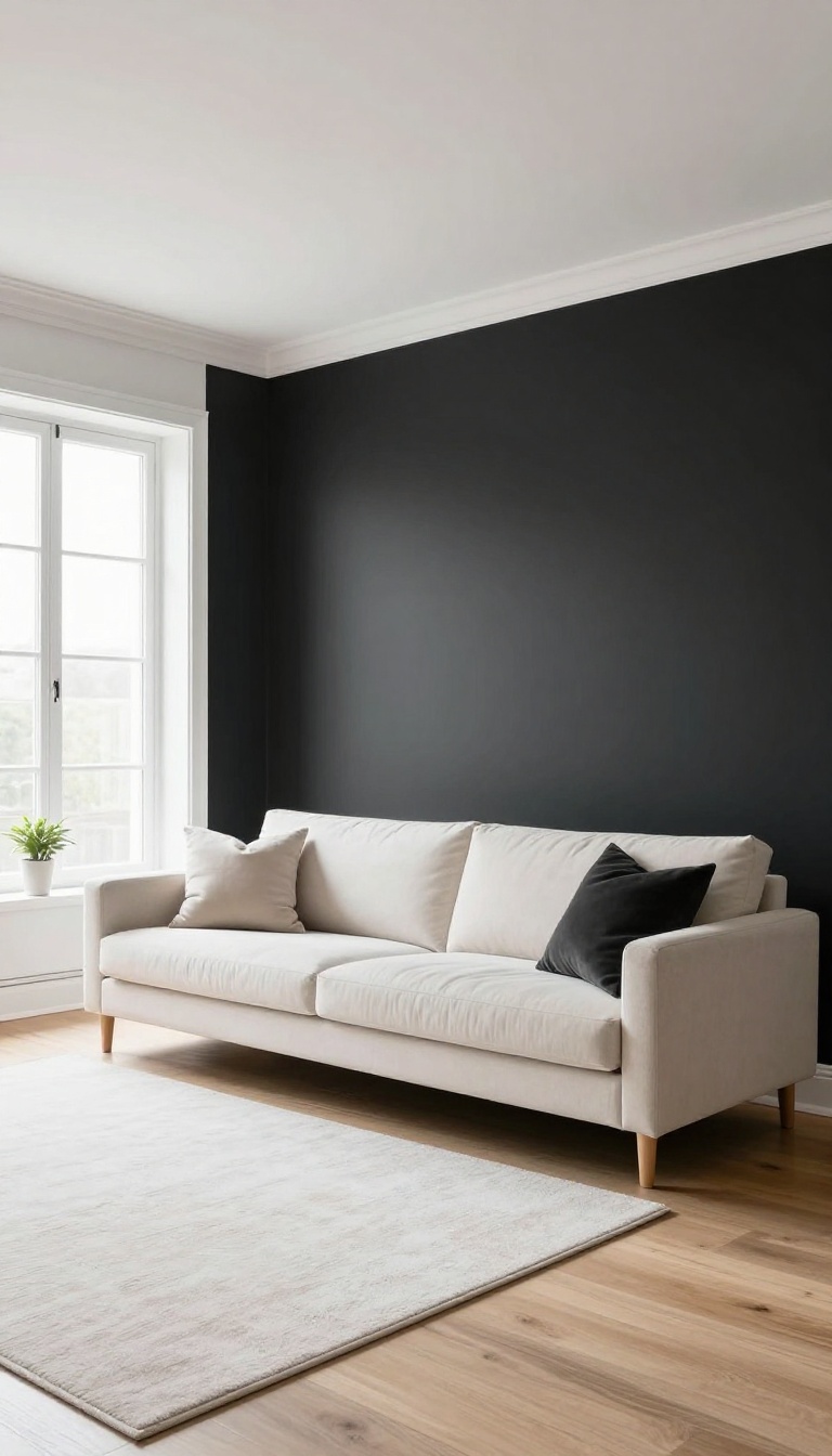 Modern living room with a matte black accent wall behind a cream sofa, white trim, light wood floors, and bright natural light