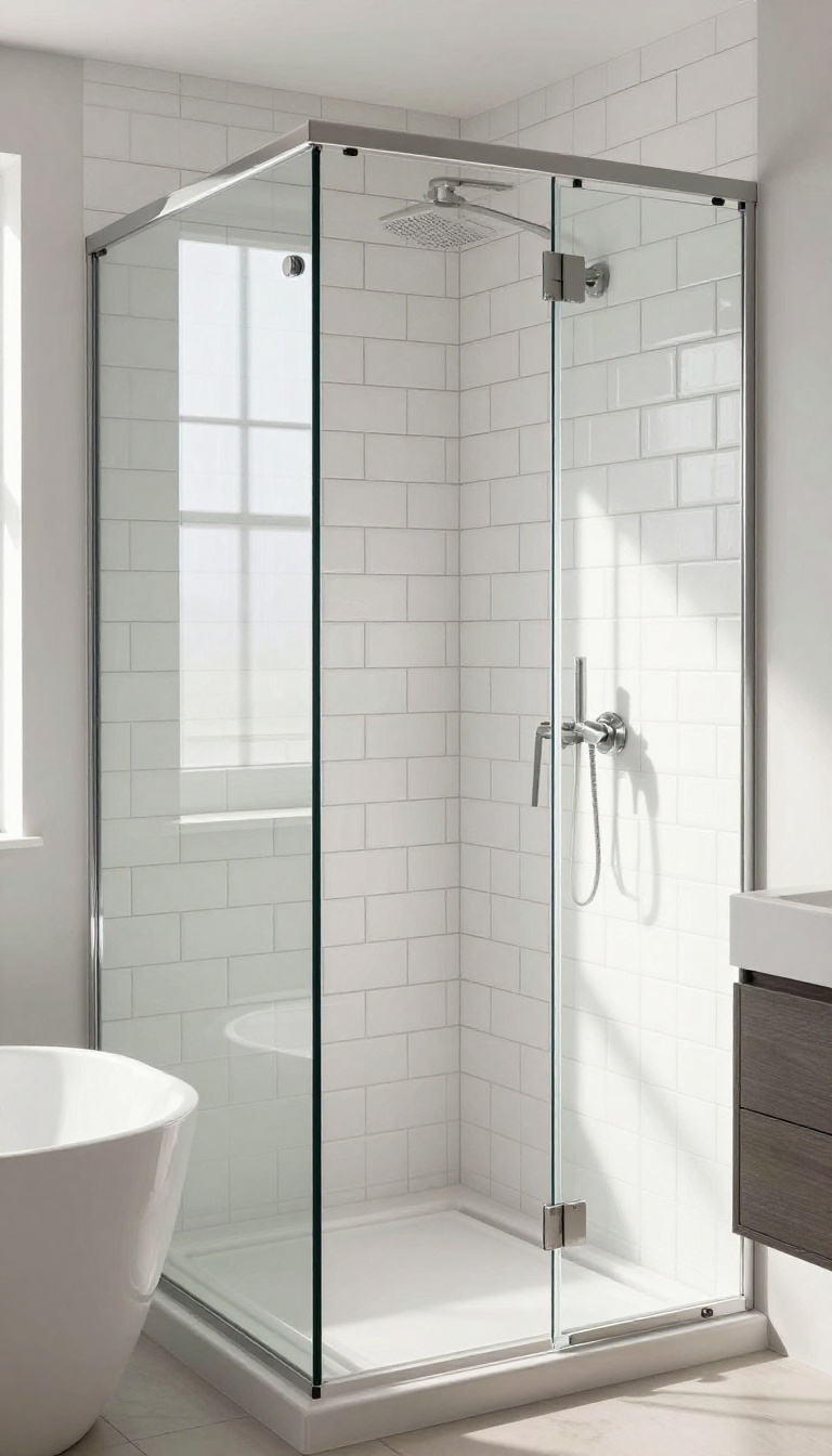 Modern bathroom with large white subway tiles in vertical stack pattern and dark grout, featuring a bathtub and shower combo.
