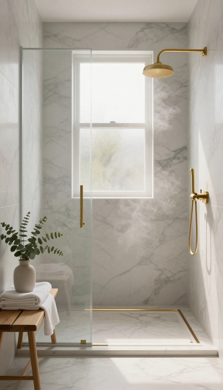 Bright walk-in shower with white marble tile and warm heated floor underfoot