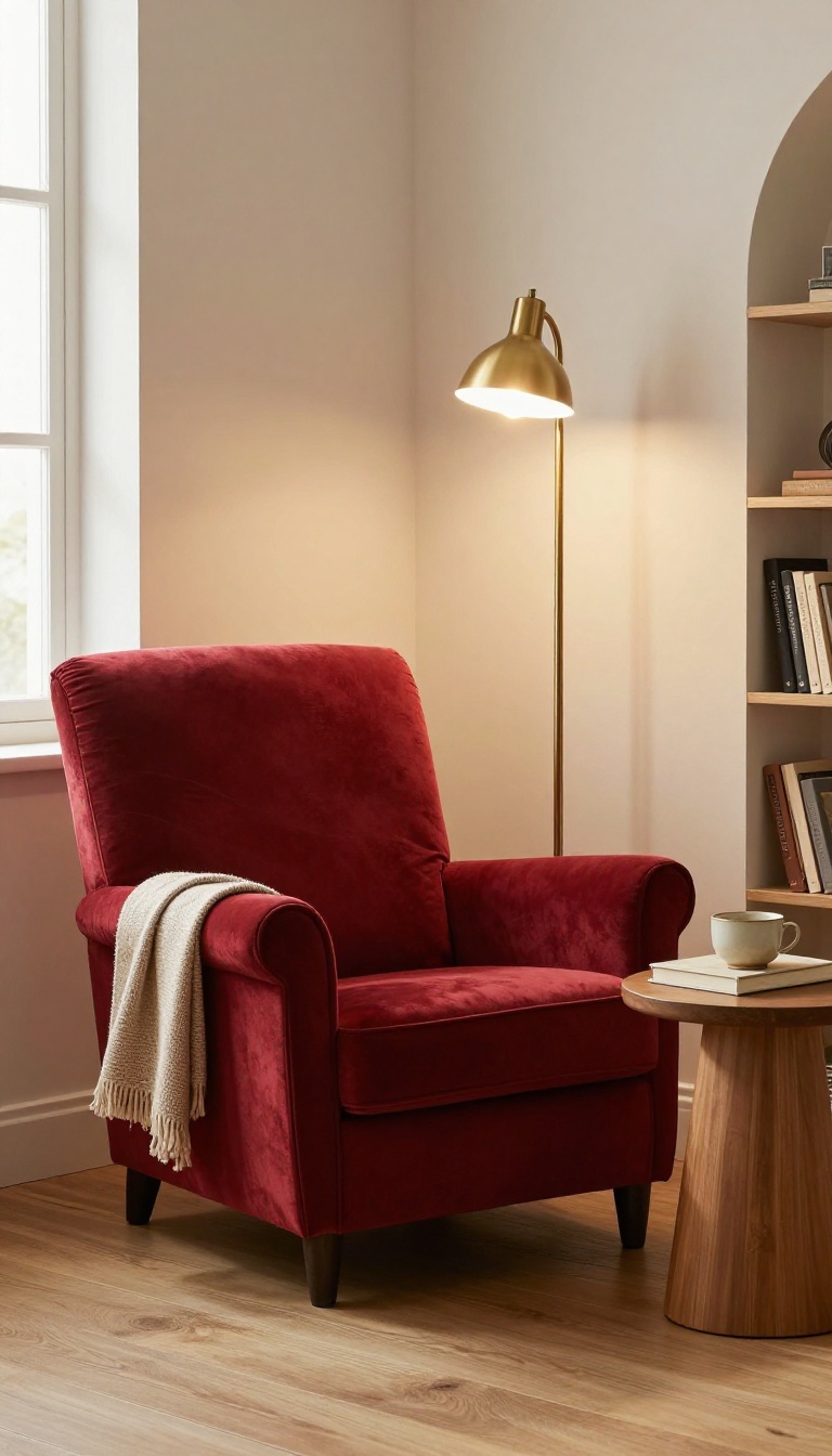 Cozy red reading nook with a burgundy velvet wingback armchair, brass floor lamp, and small side table by a bright window