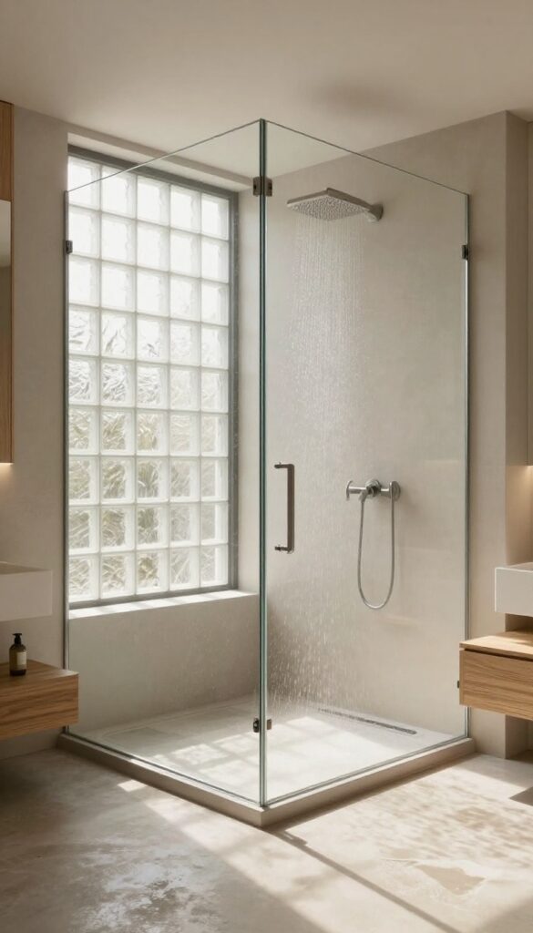 Large walk-in shower with a glass block wall allowing soft, diffused natural light while maintaining privacy, in a bright, modern bathroom.