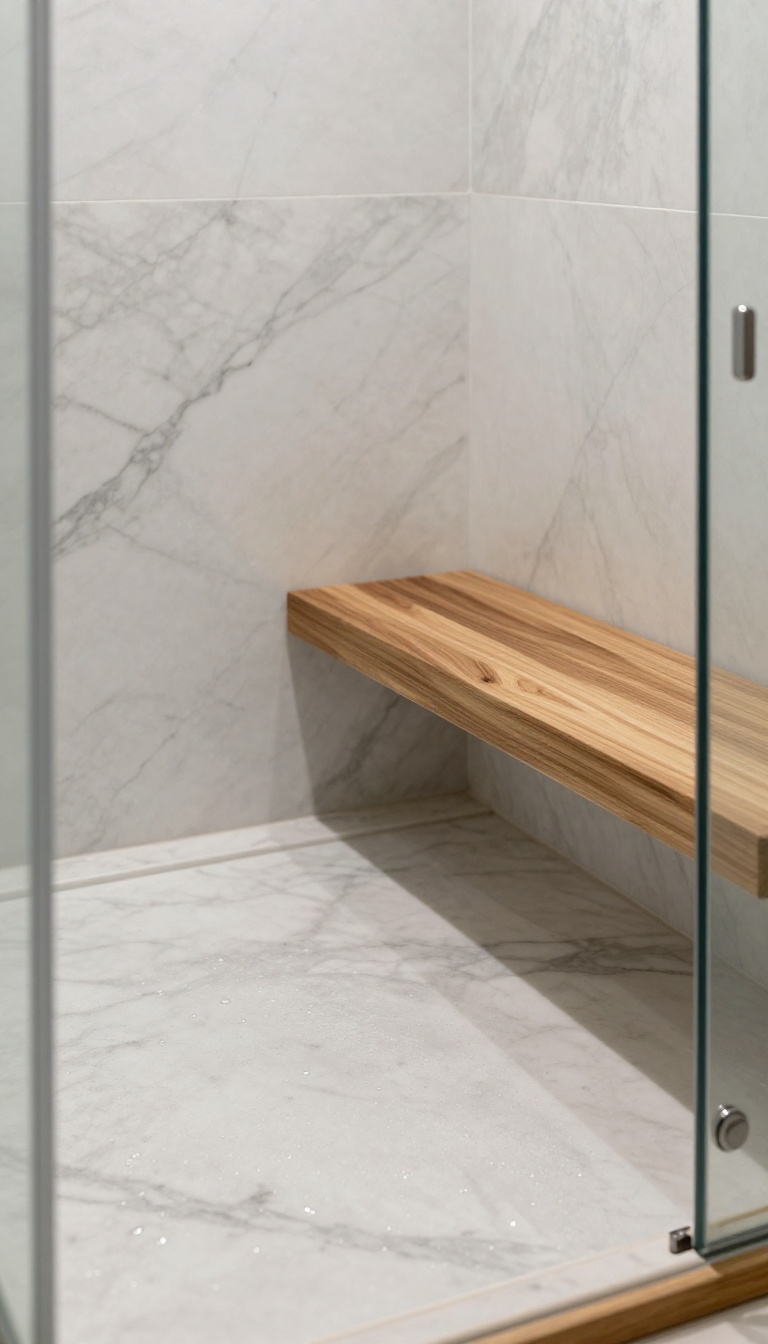 Walk-in shower with white marble walls and a teak bench with walnut trim adding warm wood contrast