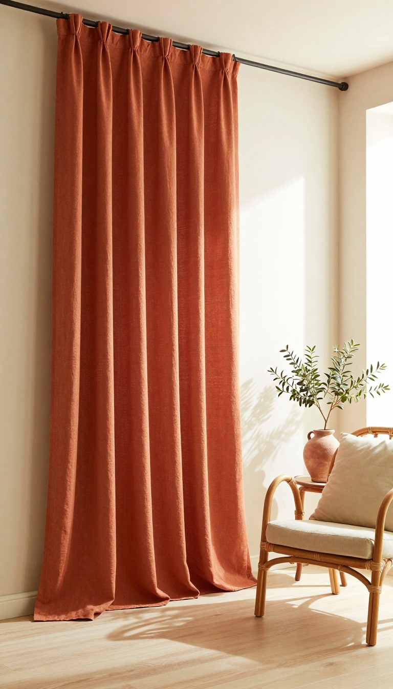 Terracotta linen curtains in a warm earthy living room with cream walls, natural wood, and soft sunlight