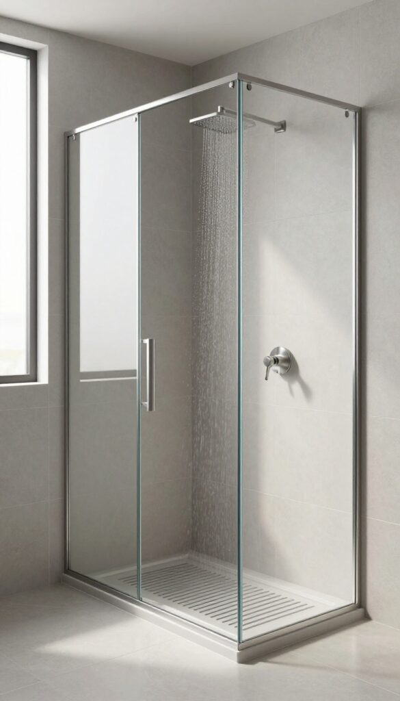 Modern walk-in shower with a linear drain flush with the floor, flat tiles, and a rainfall showerhead, creating a spa-like and safe design.