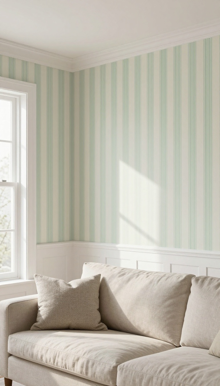 Bright living room wall with white crown molding and small-scale striped wallpaper above the trim, below painted calm white, creating a faux wainscoting look