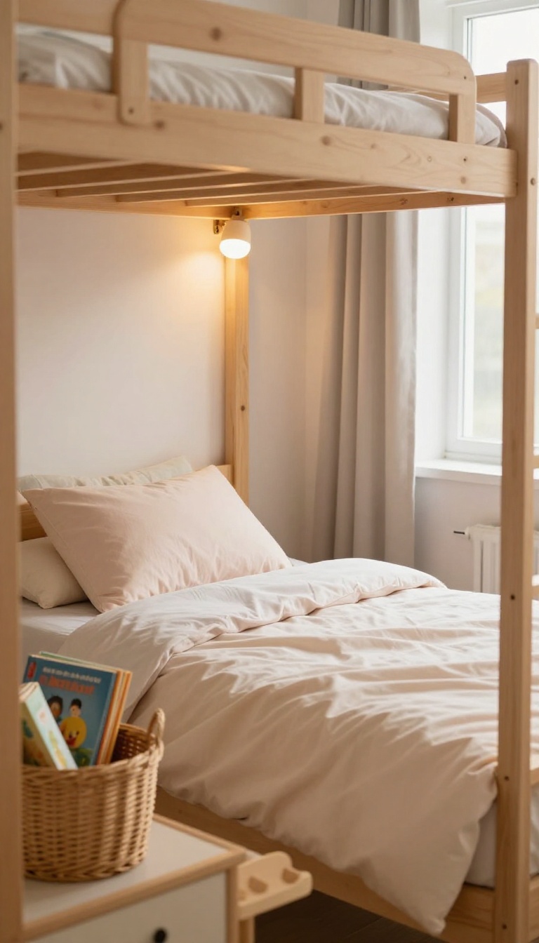 Cozy bunkbed reading nook with a clip-on light, soft blanket, pillow, and basket of books in a bright girls' shared bedroom