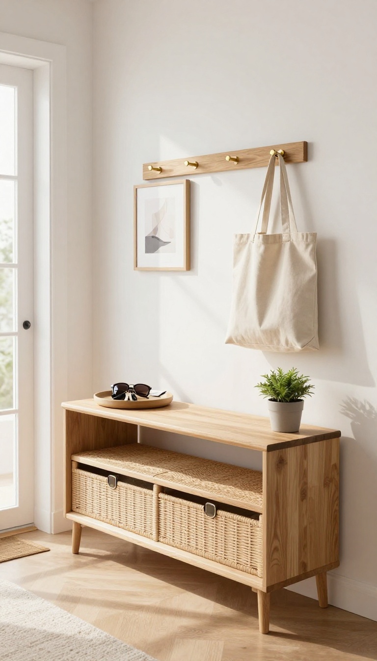 Bright entry living room with a slim console table, wooden tray for keys, mail bowl, storage bench, wall hooks, and a potted plant creating a welcoming landing zone
