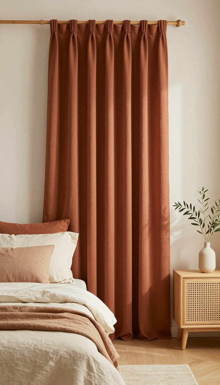 Bedroom with warm terracotta and olive blackout curtains, linen bedding, and rattan nightstand in soft natural light