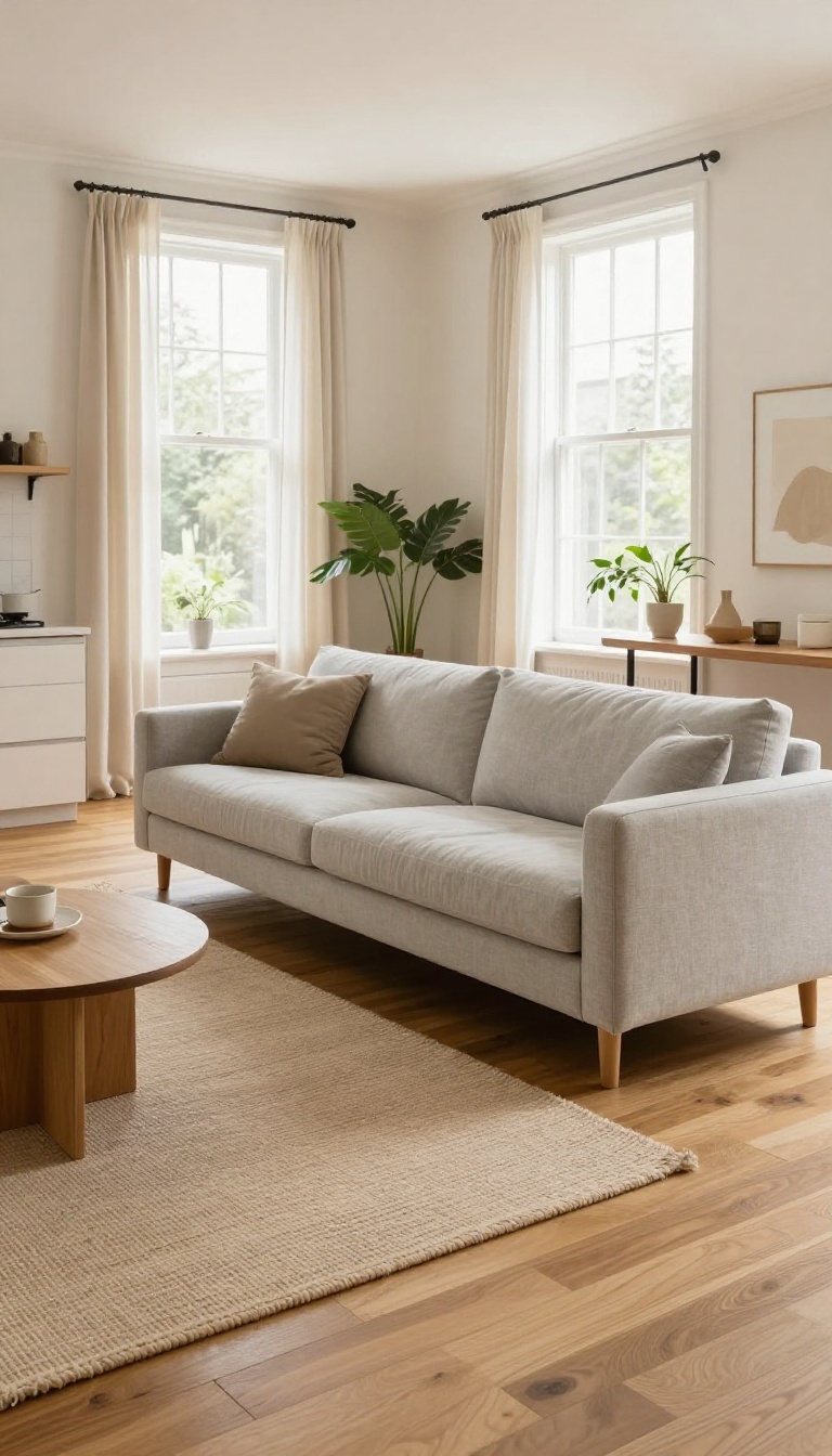Bright open plan living room with a clear walkway between a light gray sofa and kitchen, defined by a woven area rug and natural light