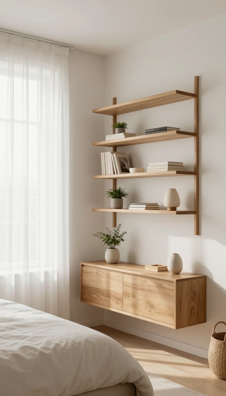 Small square bedroom with wall-mounted floating shelves above the bed holding books, a plant, and baskets in bright natural light