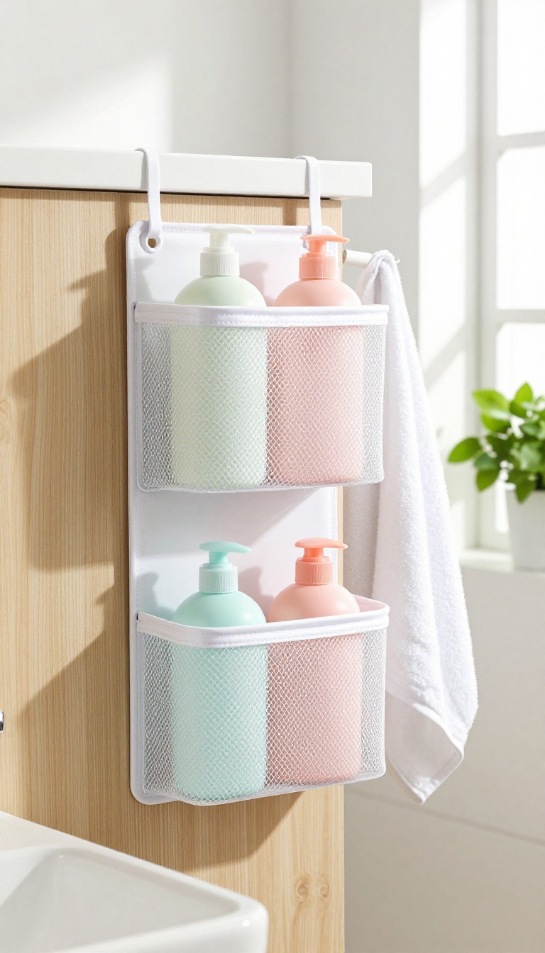 Over-the-door organizer in a bathroom holding shampoo bottles