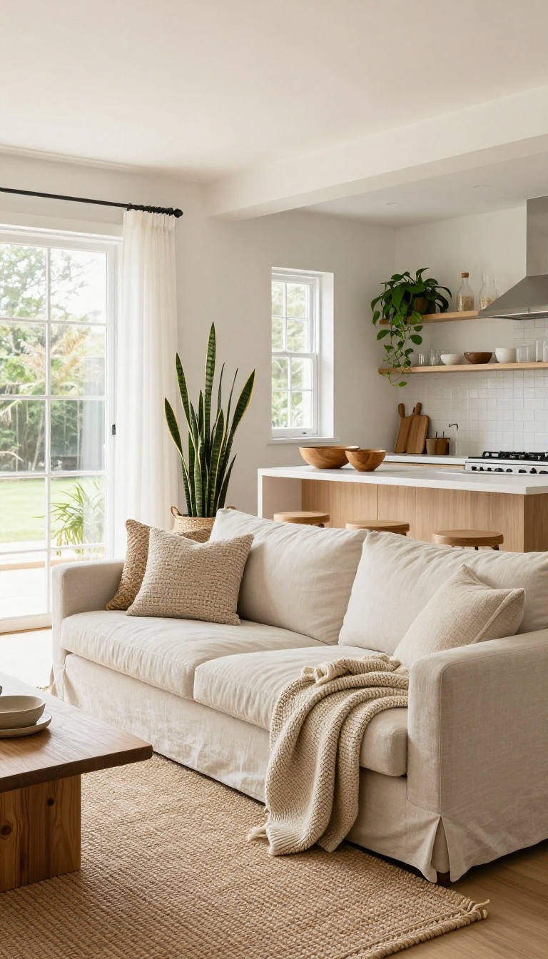 Bright open-plan living room and kitchen softened with a tall snake plant, jute rug, woven baskets, and layered throw blankets